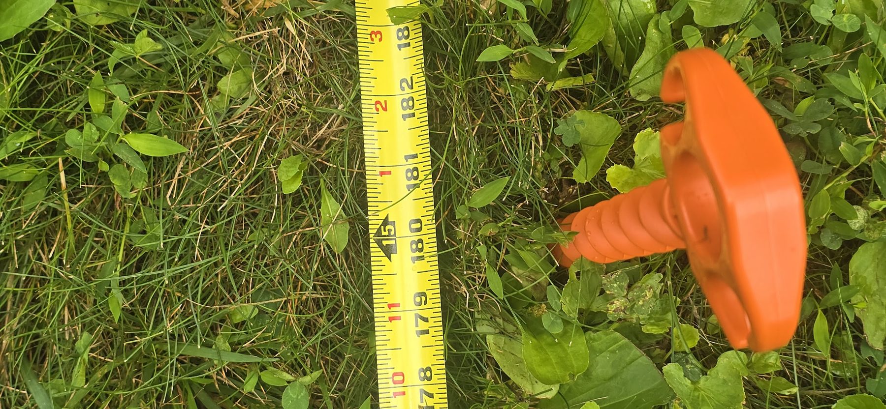 Close-up of an orange SoccerYards ground anchor set in the grass beside a tape measure