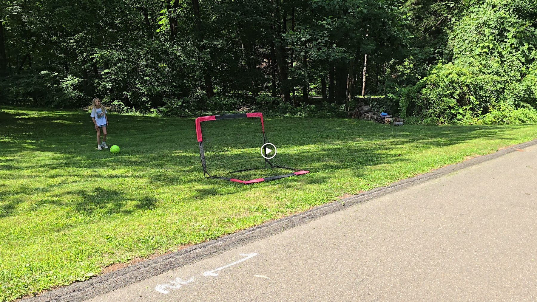 A child standing with a ball beside a soccer goal on a sloped lawn next to a driveway